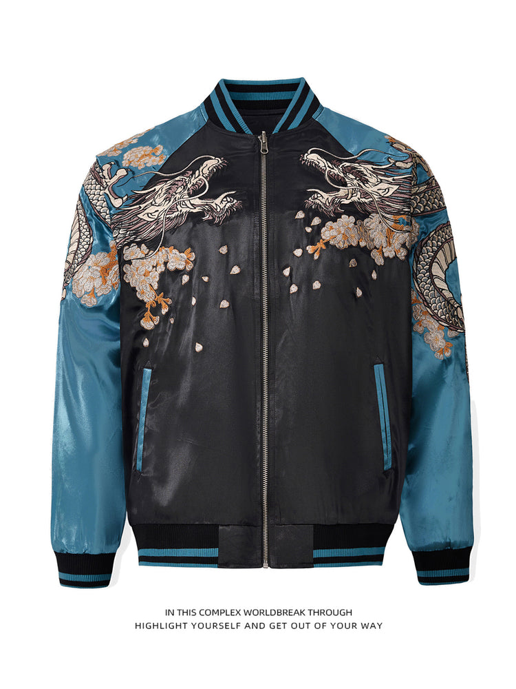Yuelong heavy embroidered jacket jacket baseball uniform satin Yokosuka trendy brand spring and autumn satin color blocking Chinese style