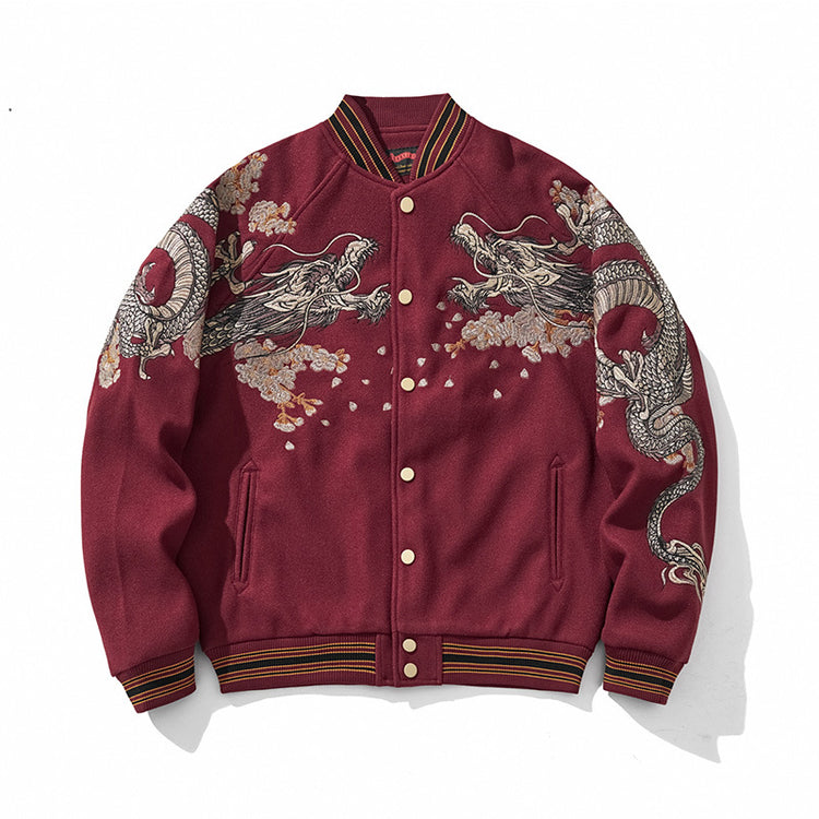 Cross-border new Chinese style heavy industry dragon pattern embroidered woolen jacket, baseball jacket, men's national style thick style for autumn and winter
