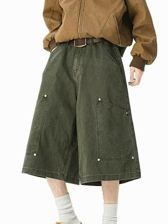 2025 New American Cargo Shorts Men's Summer Couple Versatile Loose Army Green Casual Straight Cropped Pants