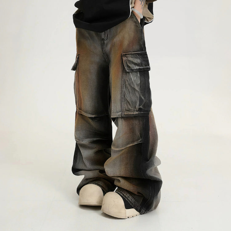 American vintage dirty dye distressed large pocket utility jeans, trendy street hip-hop spring/summer casual pants for men and women