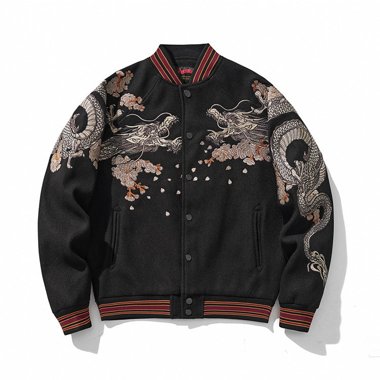 Cross-border new Chinese style heavy industry dragon pattern embroidered woolen jacket, baseball jacket, men's national style thick style for autumn and winter