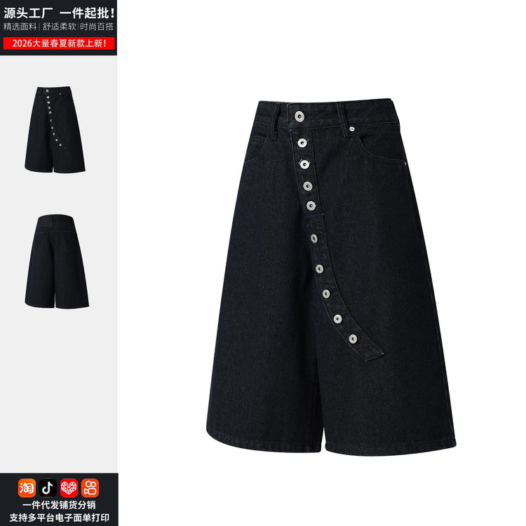 American high street irregular diagonal buttoned design original denim shorts for men and women, casual cropped pants, factory direct shipment