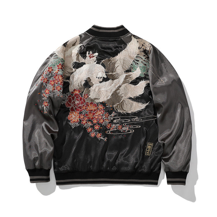 Cross-border autumn new trendy brand embroidery men's jacket nine-tailed fox embroidery heavy industry jacket baseball collar loose top couple