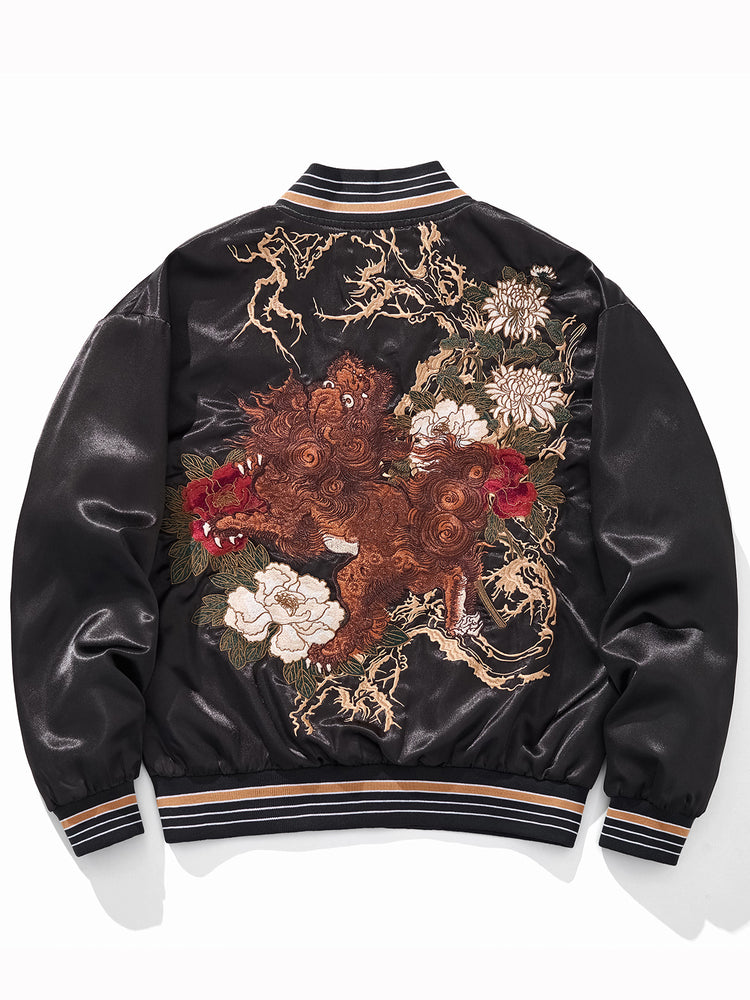 Huaxia Junpin Chinese style national tide heavy industry embroidery peony flower unicorn jacket men's casual baseball uniform jacket A095