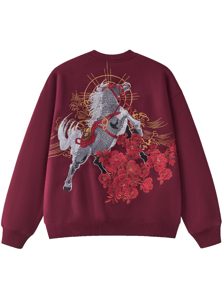 Huaxia Junpin Heavy Industry Embroidered Chinese Style Year of the Horse Embroidered Hooded Pullover Couple Sweatshirt Trendy Brand Jacket W302