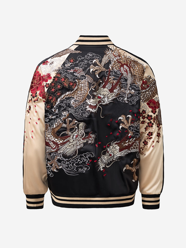 Huaxia Junpin, Chinese style, national tide, heavy industry embroidery, mythical beast, flying dragon, group of dragons, jackets, men's casual baseball uniforms, jackets