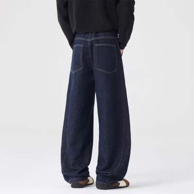 2025 New American Retro Light Blue Jeans for Men, High Street Hip-Hop Stacked Design, Straight-Leg Loose