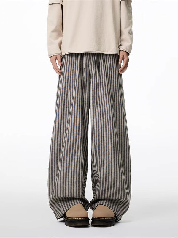 American relaxed, vertical striped slacks, men's and women's spring lazy style, straight-leg pants, scimitar wide-leg mop pants