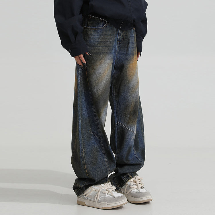 American-style inverted silhouette jeans for men, spring/autumn 2026, curved blade wide-leg high street stylish high-end vibe pants