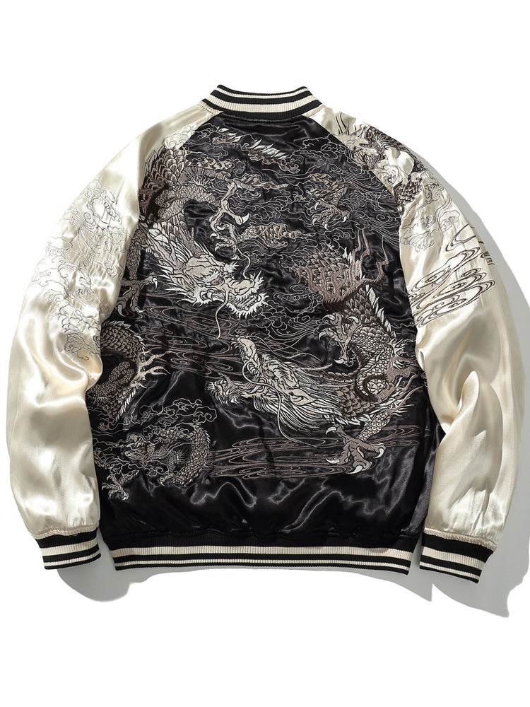 Huaxia Junpin Chinese style national trend jacket casual satin embroidery double dragon play beads baseball uniform jacket S114