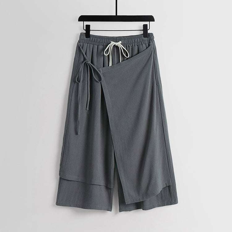 Summer loose linen pants, men's fake two Hanfu slacks, thin breathable cotton and linen wide-leg pants, straight cropped pants