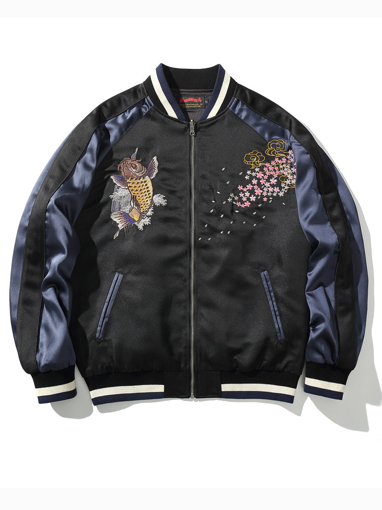 Huaxia Junpin Heavy Industry Embroidery Men's Koi Embroidered Jacket Chinese Style Vintage Jacket Baseball Uniform B002