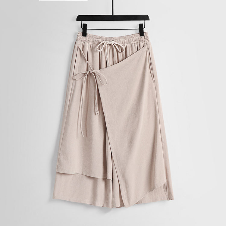 Summer loose linen pants, men's fake two Hanfu slacks, thin breathable cotton and linen wide-leg pants, straight cropped pants