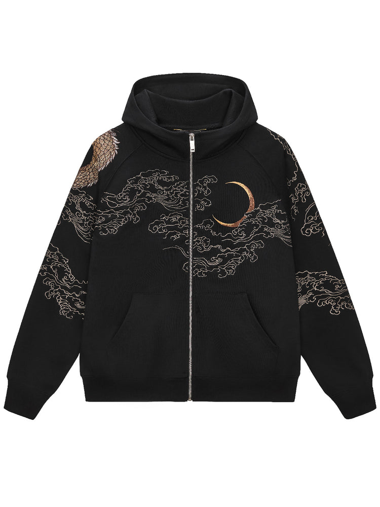 Huaxia Junpin Chinese Style Embroidered Double Dragon Playing with Pearl Embroidered Hooded Cardigan Zipper Sweatshirt Street Jacket W027