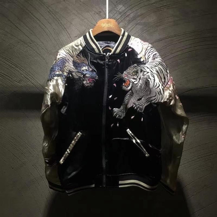 Ukiyo-e men's heavy-duty printed blue dragon and white tiger Four Divine Beasts jacket, autumn and winter new long-sleeve jacket, the Four Divine Beasts