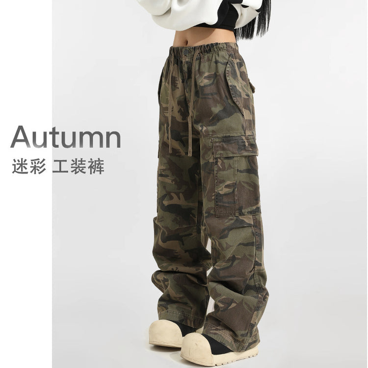 American vintage camouflage cargo pants for men, spring/autumn 2026 new loose straight-leg rugged paratrooper floor-length jeans