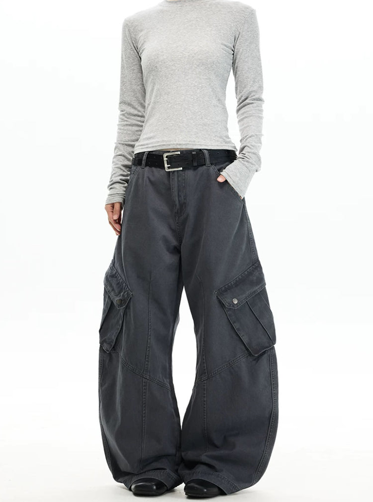 American trendy brand deconstructed multi-pocket washed utility pants for men and women, loose casual curved knife pants, jeans