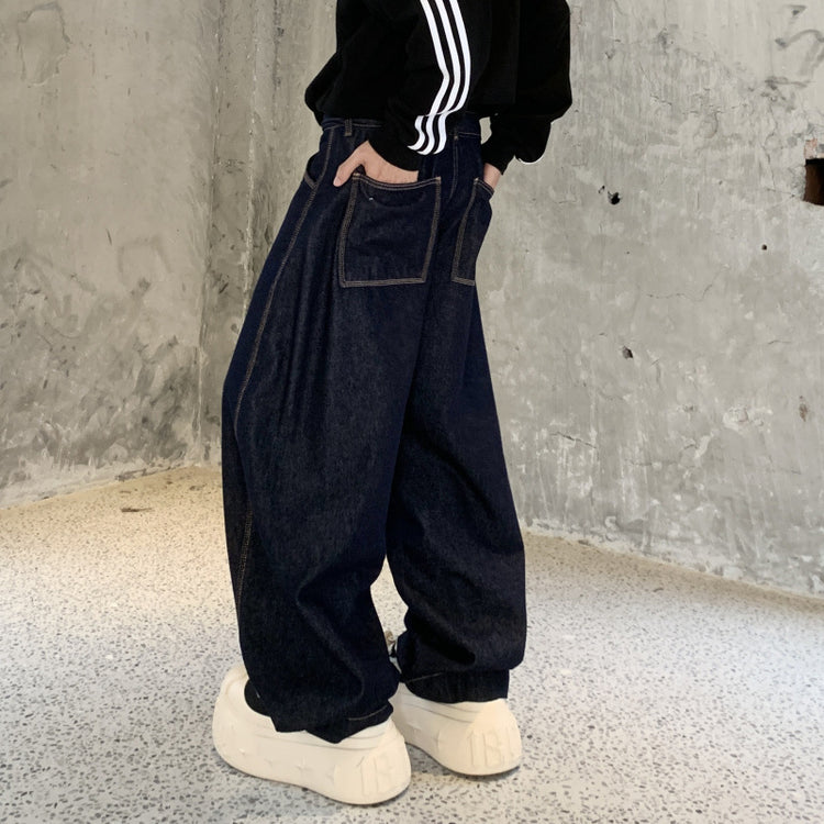 New trendy brand loose straight dark blue washed jeans scimitar pants for men