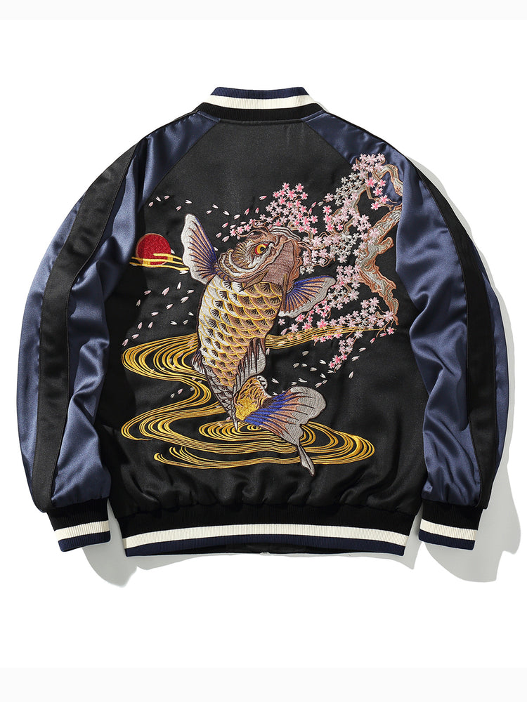Huaxia Junpin Heavy Industry Embroidery Men's Koi Embroidered Jacket Chinese Style Vintage Jacket Baseball Uniform B002