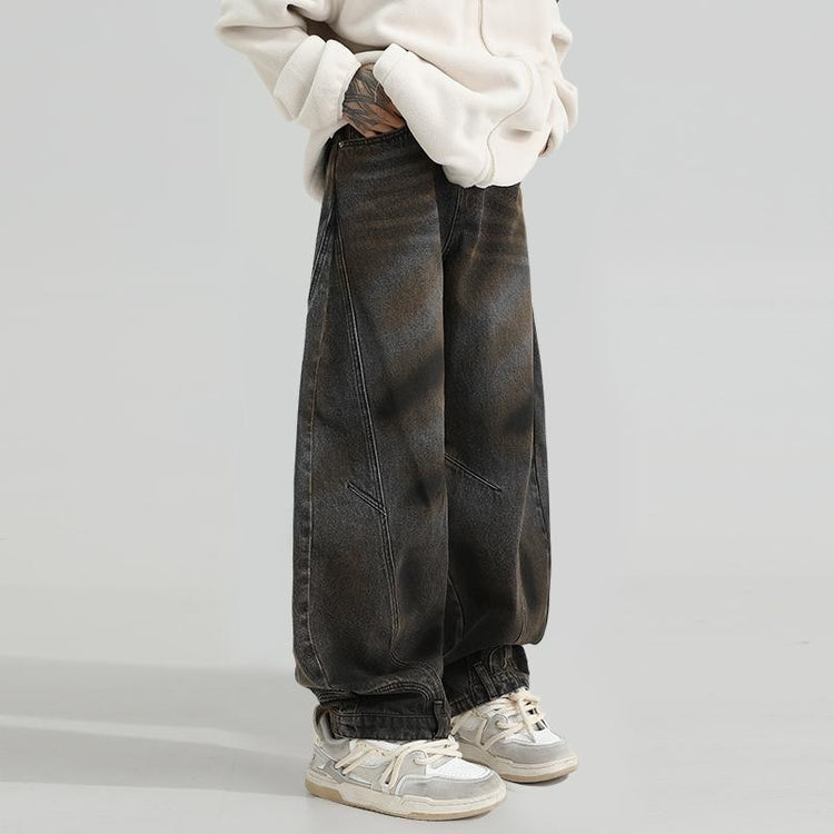 American-style inverted silhouette jeans for men, spring/autumn 2026, curved blade wide-leg high street stylish high-end vibe pants