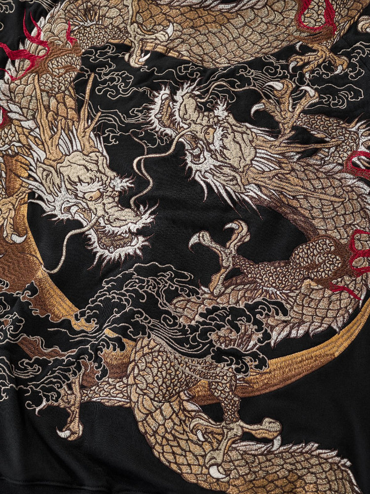 Huaxia Junpin Chinese Style Embroidered Double Dragon Playing with Pearl Embroidered Hooded Cardigan Zipper Sweatshirt Street Jacket W027