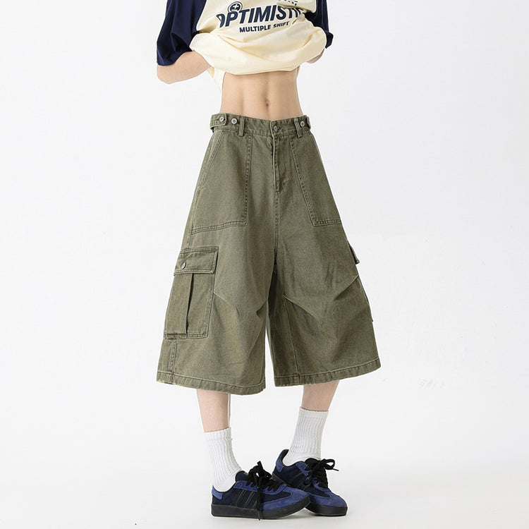 Summer new denim cropped pants for men, vintage washed trendy design, loose straight-leg drape workwear wide-leg pants