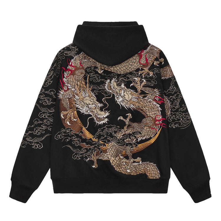 Huaxia Junpin Chinese Style Embroidered Double Dragon Playing with Pearl Embroidered Hooded Cardigan Zipper Sweatshirt Street Jacket W027