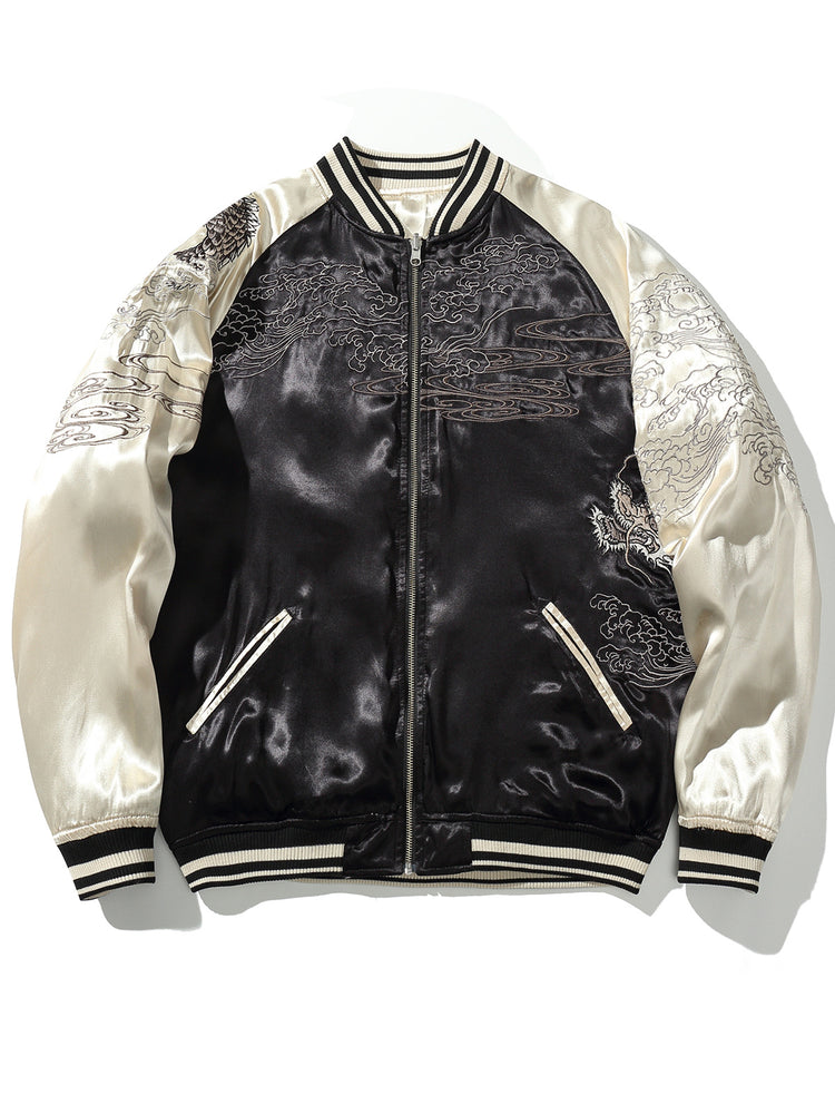 Huaxia Junpin Chinese style national trend jacket casual satin embroidery double dragon play beads baseball uniform jacket S114