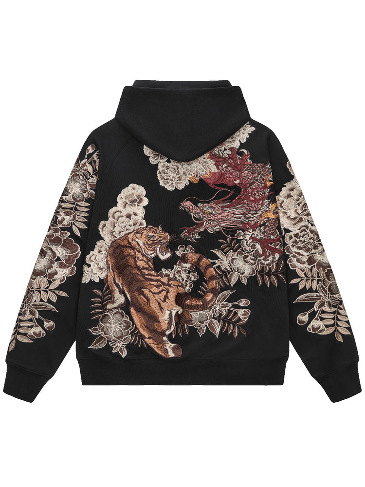 Huaxia Junpin Chinese Style Embroidered Dragon Soaring Tiger Leaping Embroidered Hooded Cardigan Zipper Sweatshirt Street Jacket W025