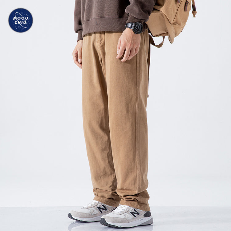 Muqiu Menswear | Spring and Autumn New American Loose Straight-Leg Work Pants for Men's Casual Pure Cotton Vintage Wide-Leg Casual Pants