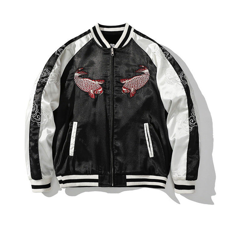 Cross-border carp embroidery jacket, heavy-work embroidered fish dragon national trend jacket, divine beast spring and autumn reversible couple jacket