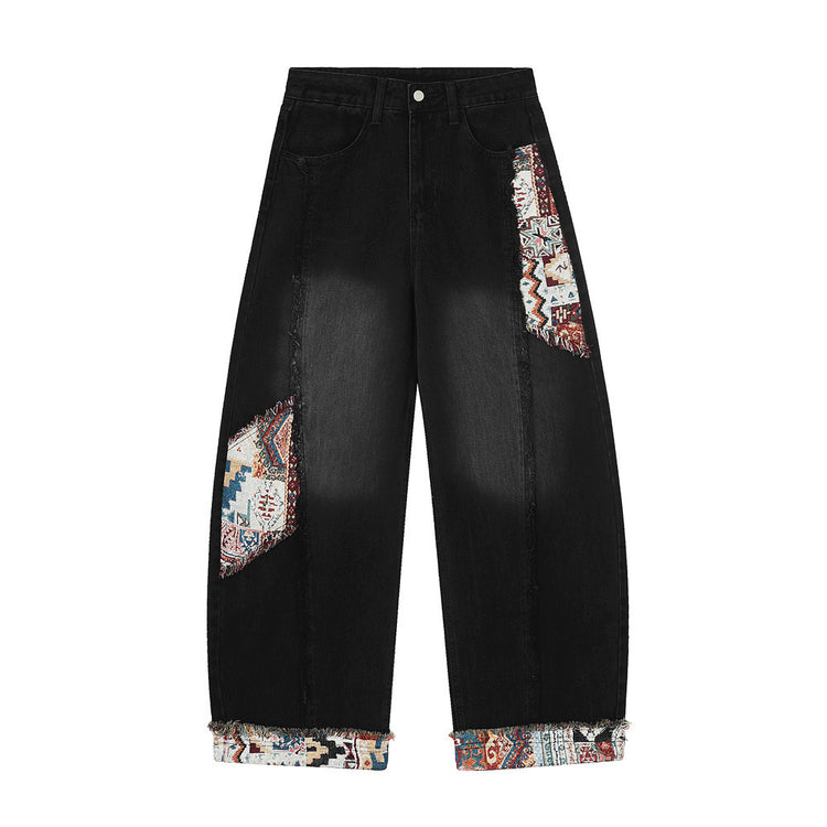 Contrasting patch patchwork scimitar jeans men's loose high street ins trendy brand ruffian wash water wide-leg long pants