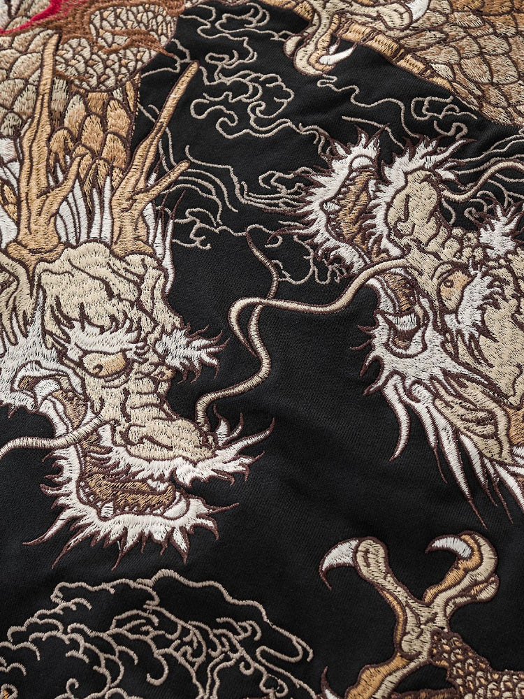 Huaxia Junpin Chinese Style Embroidered Double Dragon Playing with Pearl Embroidered Hooded Cardigan Zipper Sweatshirt Street Jacket W027