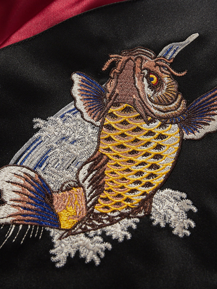 Huaxia Junpin Heavy Industry Embroidery Men's Koi Embroidered Jacket Chinese Style Vintage Jacket Baseball Uniform B002