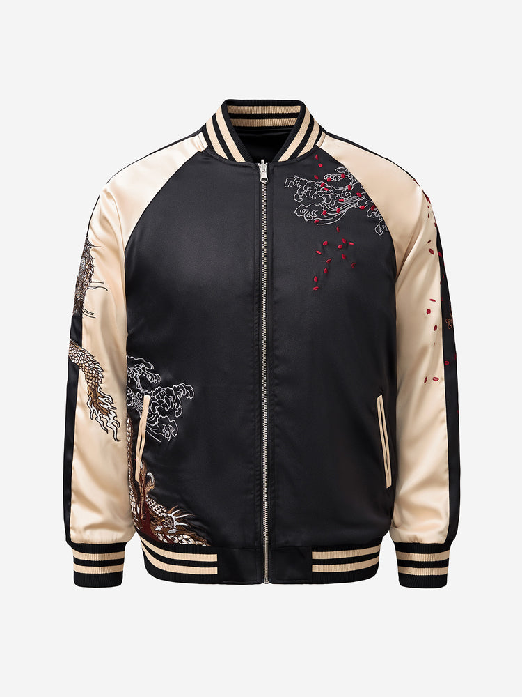 Huaxia Junpin, Chinese style, national tide, heavy industry embroidery, mythical beast, flying dragon, group of dragons, jackets, men's casual baseball uniforms, jackets