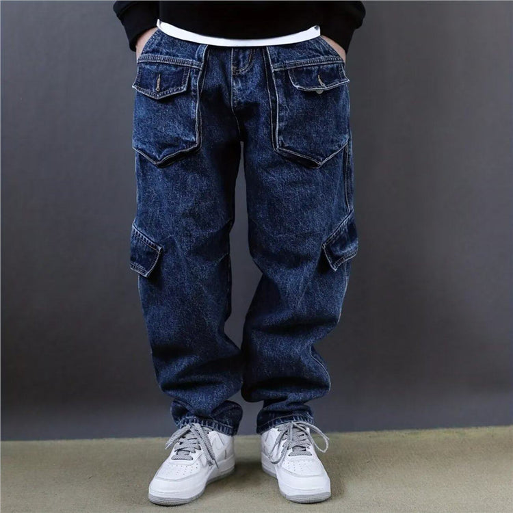 Retro multi-pocket utility jeans for men, 2026 spring, roguish cool loose high street straight-leg wide-leg deconstructed pants