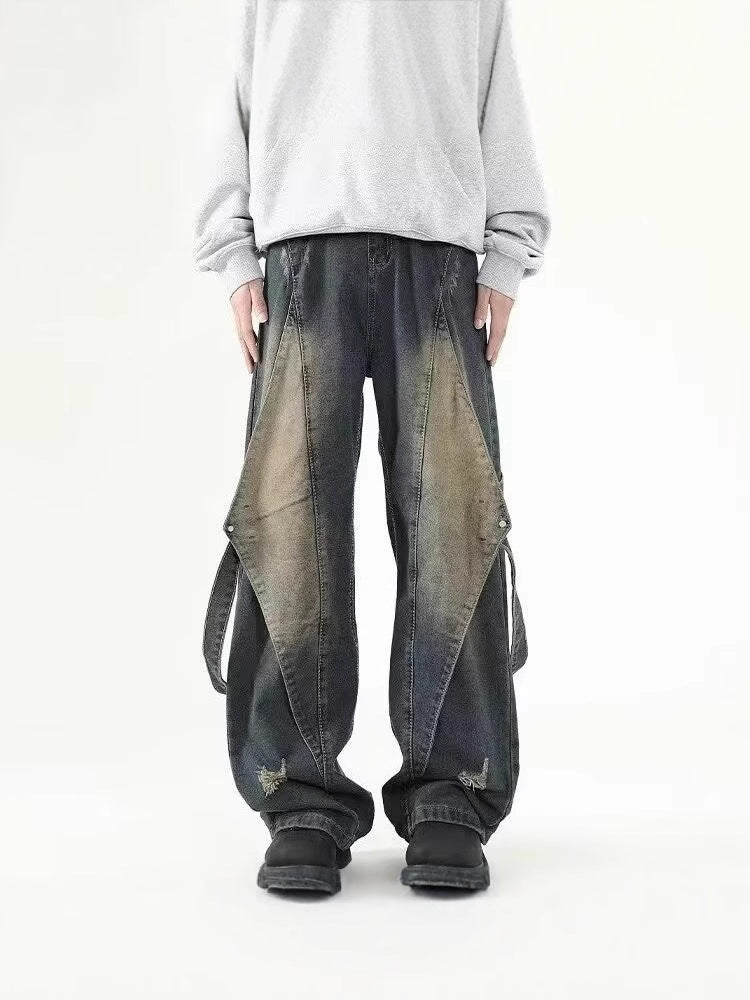 Retro deconstructed ripped cargo jeans for men and women new spring summer premium vibe distressed washed straight pants