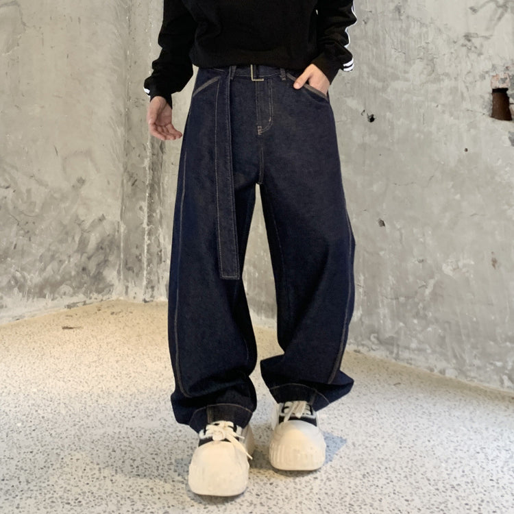 New trendy brand loose straight dark blue washed jeans scimitar pants for men