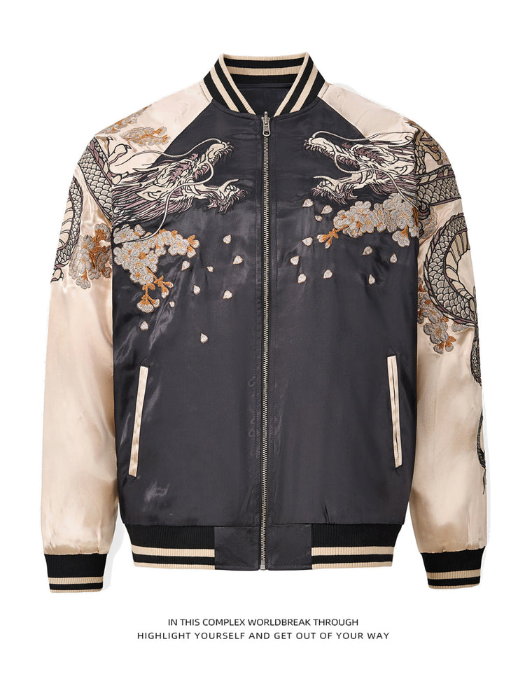Yuelong heavy embroidered jacket jacket baseball uniform satin Yokosuka trendy brand spring and autumn satin color blocking Chinese style