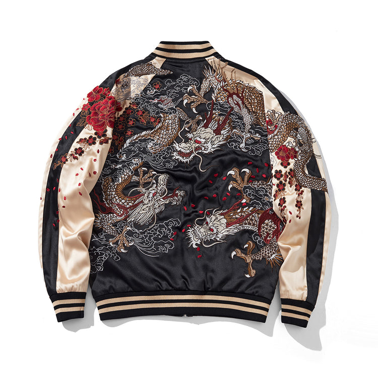 Huaxia Junpin, Chinese style, national tide, heavy industry embroidery, mythical beast, flying dragon, group of dragons, jackets, men's casual baseball uniforms, jackets