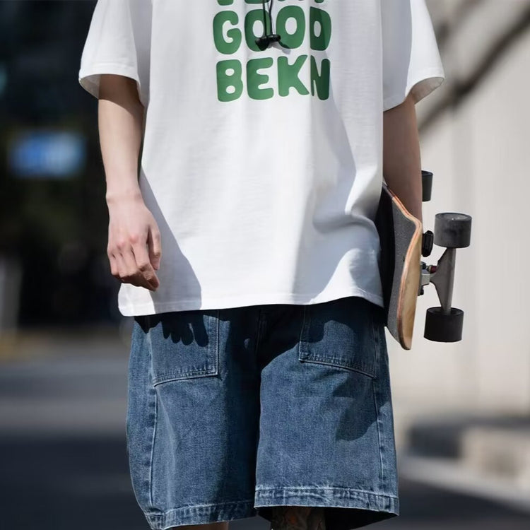 2024 Summer New Hong Kong Style Straight-Leg Plus Size Five-Point Pants, American High Street Trendy Student Denim Shorts