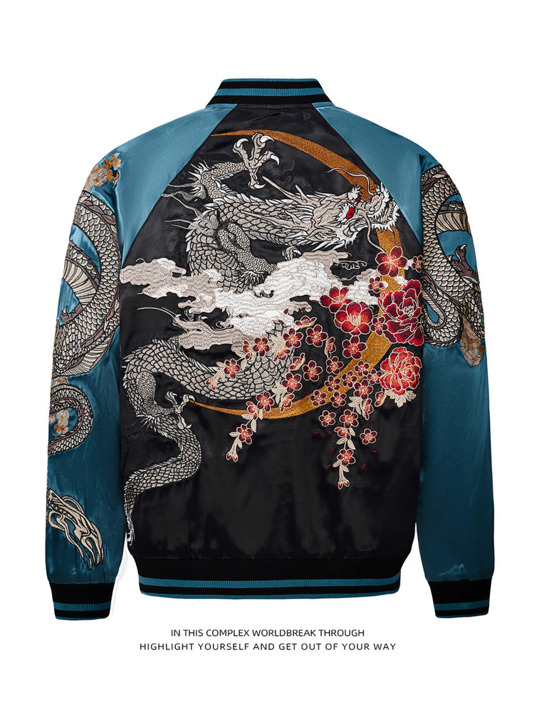 Yuelong heavy embroidered jacket jacket baseball uniform satin Yokosuka trendy brand spring and autumn satin color blocking Chinese style