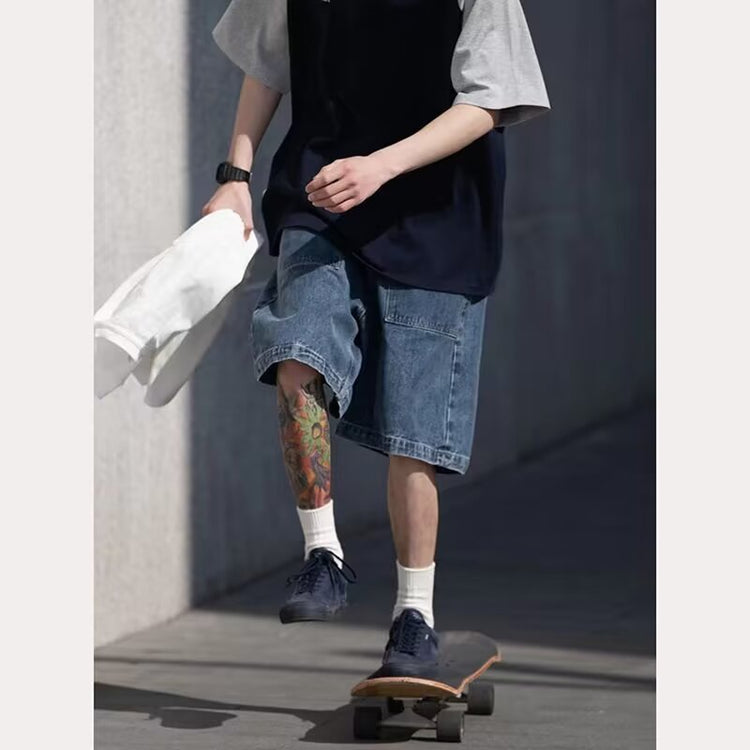 2024 Summer New Hong Kong Style Straight-Leg Plus Size Five-Point Pants, American High Street Trendy Student Denim Shorts