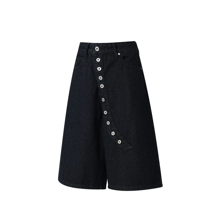 American high street irregular diagonal buttoned design original denim shorts for men and women, casual cropped pants, factory direct shipment