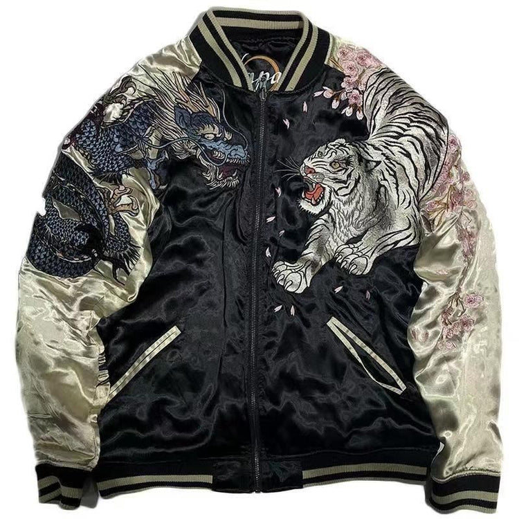 Ukiyo-e men's heavy-duty printed blue dragon and white tiger Four Divine Beasts jacket, autumn and winter new long-sleeve jacket, the Four Divine Beasts