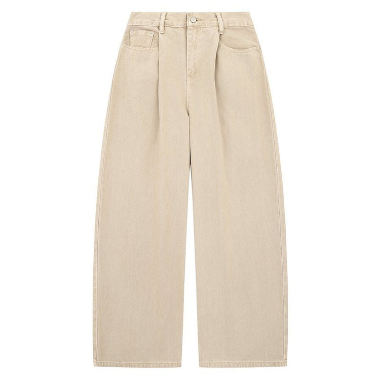 Pleated wide-leg jeans, khaki color distressed washed loose drape cut trendy brand high street style long pants for men