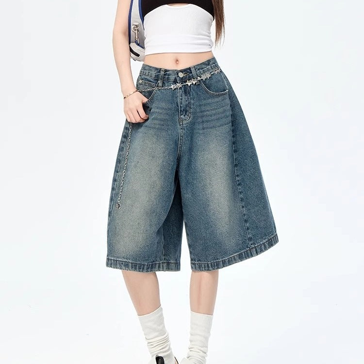 2026 American vintage casual relaxed denim five-point for men and women, new loose high street wide-leg mid-length pants trendy style