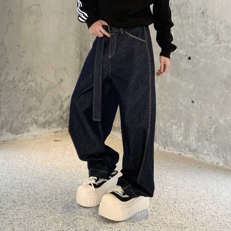 New trendy brand loose straight dark blue washed jeans scimitar pants for men