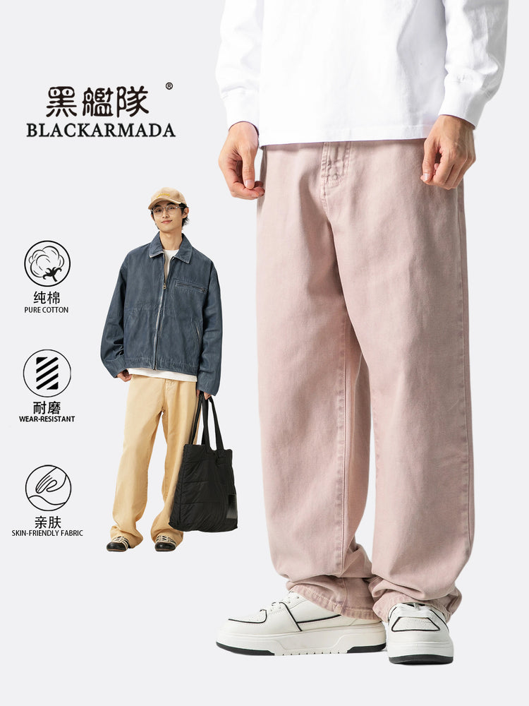 Black Fleet heavyweight casual American vintage washed workwear classic pants, comfortable straight-leg slightly loose jeans