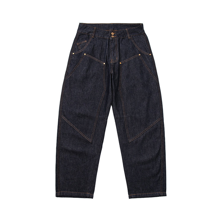 Catalog 2025 Autumn New Japanese Retro Trendy Knee-High Appliqué Woodwork Navy Casual Workwear Jeans for Men